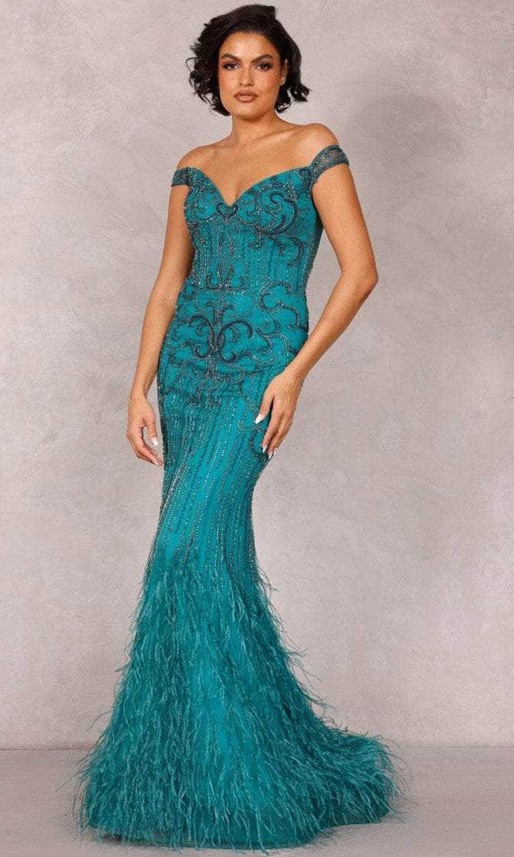 Terani Couture 2214GL0113 - Feather-Ornate Beaded Evening Dress
