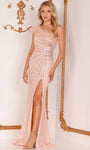 Floor Length One Shoulder Sleeveless Tulle Sequined Slit Fitted Asymmetric Sheath Natural Waistline Sheath Dress/Evening Dress with a Brush/Sweep Train