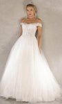 A-line Off the Shoulder Applique Tiered Corset Natural Waistline Wedding Dress with a Brush/Sweep Train