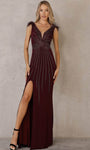 Sexy V-neck Sheath Natural Waistline Sleeveless Plunging Neck Jersey Floor Length Slit Back Zipper V Back Sheer Beaded Fitted Sheath Dress/Evening Dress with a Brush/Sweep Train