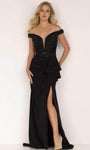 Off the Shoulder Plunging Neck Natural Waistline Mermaid Illusion Open-Back Beaded Back Zipper Draped Slit Evening Dress with a Brush/Sweep Train With Ruffles