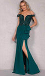 Plunging Neck Mermaid Illusion Open-Back Slit Draped Back Zipper Beaded Off the Shoulder Natural Waistline Evening Dress with a Brush/Sweep Train With Ruffles