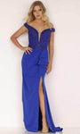 Off the Shoulder Natural Waistline Mermaid Plunging Neck Illusion Slit Open-Back Back Zipper Draped Beaded Evening Dress with a Brush/Sweep Train With Ruffles