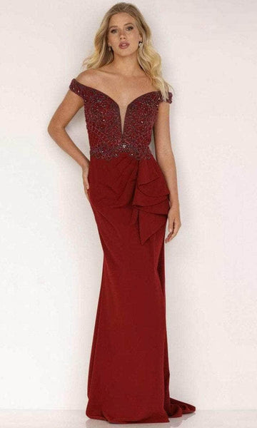 Beaded Open-Back Back Zipper Slit Illusion Draped Plunging Neck Natural Waistline Off the Shoulder Mermaid Evening Dress with a Brush/Sweep Train With Ruffles