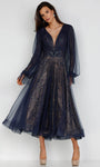 A-line V-neck Natural Waistline Bishop Sleeves Plunging Neck Sweetheart Cocktail Tea Length Jeweled Sheer Ruched Beaded Tiered Draped Lace Dress