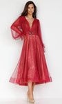 A-line V-neck Beaded Draped Tiered Ruched Sheer Jeweled Bishop Sleeves Cocktail Tea Length Plunging Neck Sweetheart Natural Waistline Lace Dress