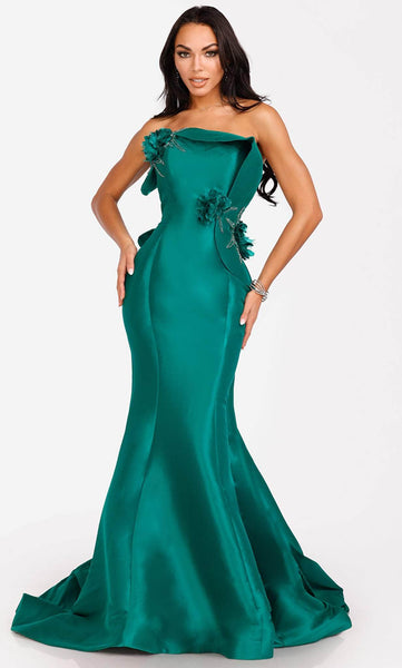 Modest Strapless Beaded Draped Fitted Natural Waistline Floral Print Mermaid Evening Dress with a Brush/Sweep Train
