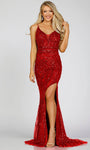 Sleeveless Plunging Neck Sweetheart Sheath Natural Waistline Tulle Floor Length Glittering Sequined Slit Sheer Beaded Back Zipper Sheath Dress/Evening Dress with a Brush/Sweep Train