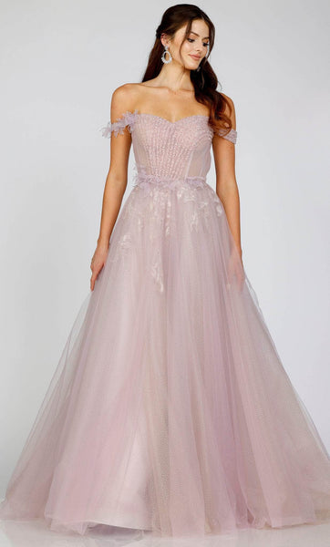 A-line Flutter Sleeves Off the Shoulder Sheer Applique Beaded Draped Corset Natural Waistline Tulle Evening Dress with a Brush/Sweep Train With Ruffles