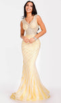 V-neck Mermaid Tulle Natural Waistline General Print Fitted Beaded Floor Length Sleeveless Bodycon Dress with a Brush/Sweep Train