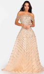 A-line Straight Neck Fit-and-Flare Tulle Natural Waistline Sequined Applique Fitted Off the Shoulder Floor Length Dress with a Brush/Sweep Train