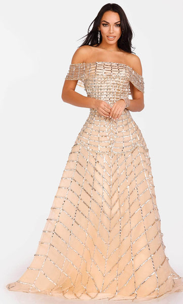 A-line Fit-and-Flare Straight Neck Fitted Sequined Applique Tulle Natural Waistline Floor Length Off the Shoulder Dress with a Brush/Sweep Train