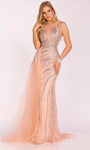 Beaded Sequined Fitted Back Zipper Crystal Floor Length Jeweled Neck Tulle Sheath Natural Waistline Sleeveless Sheath Dress/Evening Dress with a Brush/Sweep Train