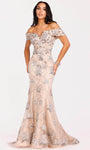 Tulle Notched Collar Off the Shoulder Back Zipper Applique Fitted Mermaid Floral Print Natural Waistline Floor Length Evening Dress with a Brush/Sweep Train