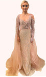 V-neck Floor Length Beaded Wrap Sequined Cold Shoulder Long Sleeves Tulle Natural Waistline Sheath Sheath Dress/Evening Dress/Party Dress