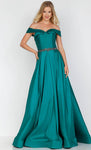 A-line Pleated Jeweled Draped Off the Shoulder Natural Waistline Evening Dress with a Brush/Sweep Train