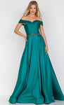 A-line Jeweled Pleated Draped Off the Shoulder Natural Waistline Evening Dress with a Brush/Sweep Train