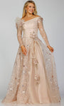 A-line Floor Length Sheer Asymmetric Applique Sequined Beaded Illusion Floral Print Natural Waistline Sheer Long Sleeves Evening Dress with a Brush/Sweep Train