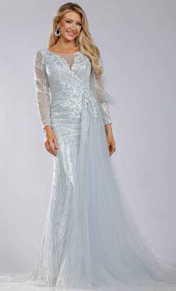 Applique Sheer Faux Wrap Beaded Sequined Back Zipper Fitted Asymmetric Long Sleeves Natural Waistline Floor Length Jeweled Neck Fit-and-Flare Mermaid Tulle Mother-of-the-Bride Dress with a Brush/Sweep