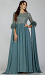 A-line Sequined Flowy Jeweled Neck Chiffon Natural Waistline Floor Length Dress with a Brush/Sweep Train With a Sash