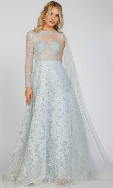 A-line Jeweled Neck Tulle Natural Waistline Long Sleeves Cutout Jeweled Illusion Sheer Beaded Evening Dress with a Brush/Sweep Train
