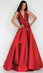 Sexy A-line V-neck Plunging Neck Floor Length Back Zipper Natural Waistline Satin Sleeveless Prom Dress With a Bow(s)