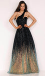 Sophisticated A-line Natural Waistline Floor Length Plunging Neck One Shoulder Sequined Asymmetric Prom Dress