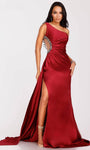 Sheath One Shoulder Floor Length Natural Waistline Ruched Fitted Asymmetric Slit Sheer Satin Sheath Dress/Prom Dress with a Brush/Sweep Train With Rhinestones