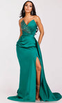 Sophisticated V-neck Strapless Natural Waistline Sheath Mermaid Satin Hidden Back Zipper Pleated Glittering Ruched Slit Sequined Floor Length Sheath Dress with a Brush/Sweep Train