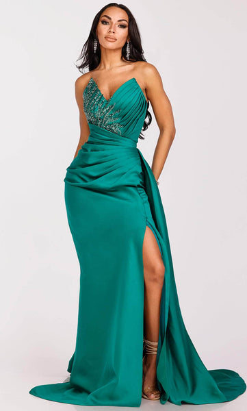 Sophisticated V-neck Strapless Satin Natural Waistline Hidden Back Zipper Glittering Slit Ruched Pleated Sequined Floor Length Sheath Mermaid Sheath Dress with a Brush/Sweep Train
