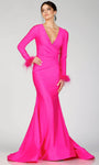 V-neck Wrap Ruched Hidden Back Zipper Floor Length Natural Waistline Long Sleeves Mermaid Evening Dress with a Brush/Sweep Train