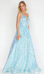 A-line V-neck Tulle Sleeveless Natural Waistline Back Zipper Sequined Evening Dress with a Brush/Sweep Train