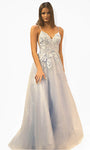 A-line V-neck Floor Length Sleeveless Natural Waistline Floral Print Back Zipper Glittering Applique Dress