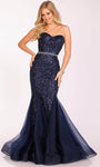 Strapless Sweetheart Elasticized Natural Waistline Mermaid Belted Back Zipper Fitted Sequined Tulle Prom Dress with a Brush/Sweep Train