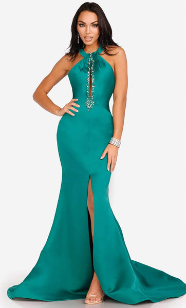Beaded Gathered Pleated Cutout Slit Open-Back Sleeveless Halter Plunging Neck Natural Waistline Satin Mermaid Prom Dress with a Brush/Sweep Train
