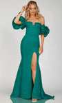 Satin Slit Open-Back Sheath Off the Shoulder Corset Natural Waistline Sheath Dress/Prom Dress with a Brush/Sweep Train With Ruffles