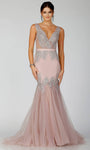 V-neck Natural Waistline Flutter Sleeves Sleeveless Backless Beaded Applique Mermaid Prom Dress with a Brush/Sweep Train