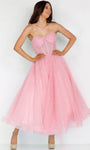 A-line Strapless Sweetheart Tulle Corset Natural Waistline Tea Length Tiered Illusion Shirred Wrap Sheer Prom Dress
