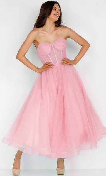 A-line Strapless Tea Length Sweetheart Illusion Shirred Sheer Wrap Tiered Tulle Corset Natural Waistline Prom Dress