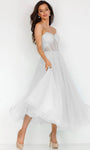 A-line Strapless Corset Natural Waistline Tiered Shirred Wrap Illusion Sheer Sweetheart Tea Length Tulle Prom Dress