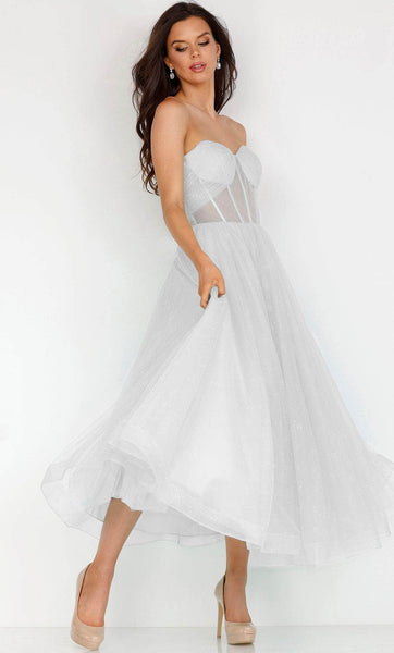 A-line Strapless Sweetheart Tulle Tea Length Shirred Sheer Illusion Tiered Wrap Corset Natural Waistline Prom Dress