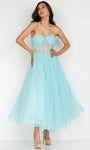 A-line Strapless Tea Length Illusion Tiered Sheer Wrap Shirred Sweetheart Corset Natural Waistline Tulle Prom Dress