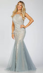 Floor Length Natural Waistline Halter Tulle Mermaid Sleeveless Fitted Sequined Dress with a Brush/Sweep Train