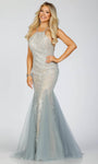 Halter Sleeveless Floor Length Mermaid Natural Waistline Tulle Sequined Fitted Dress with a Brush/Sweep Train