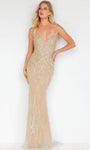 V-neck Fitted Open-Back Crystal Beaded Sequined Tulle Natural Waistline Sheath Floor Length Sleeveless Spaghetti Strap Bodycon Dress/Sheath Dress with a Brush/Sweep Train