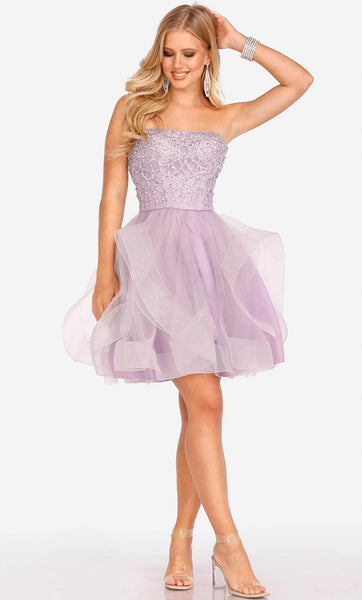 Sexy A-line Strapless Tulle Straight Neck Natural Waistline Fitted Tiered Beaded Cocktail Short Dress