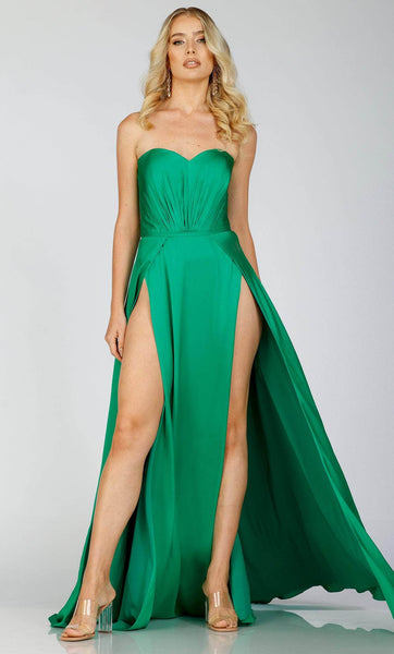 A-line Strapless Dropped Natural Waistline Sweetheart Floor Length Fit-and-Flare Charmeuse Fitted Slit Ruched Pleated Flowy Dress with a Brush/Sweep Train