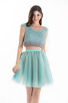 A-line Short Natural Waistline Scoop Neck Gathered Beaded Flutter Sleeves Sleeveless Homecoming Dress