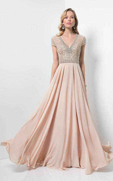 Sophisticated A-line V-neck Natural Waistline Floor Length Short Sleeves Sleeves Crystal Beaded Evening Dress