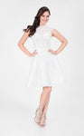 Sophisticated A-line Babydoll Collared High-Neck Polyester Cap Sleeves Natural Waistline Illusion Fitted Beaded Shirred Cocktail Above the Knee Party Dress